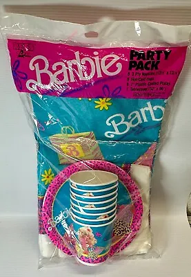 Vintage 1990 BARBIE PARTY PACK Paper 8 Ea~Napkins Cups Plates & Tablecover NOS • $19.95