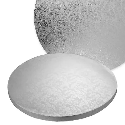 Strong Round Cake Board 20cm / 8  Inch Floral Silver Foil 11mm Thick Drum Base • £3.98