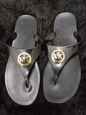 Michael Kors Women's Lillie Sandal Size 10 Black Jelly Thong Slide Gold MK Flip • $25