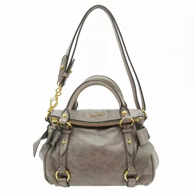 Miu Miumiu Vitello Lux 2Way Shoulder Bag Handbag Leather Side Ribbon Logo Gray L • $460.81