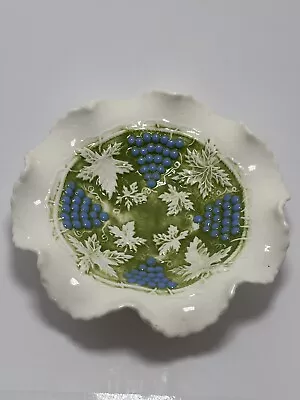Scalloped Edge Ceramic Bowl Majolica Grape Leaf Pattern Handpainted Textured  • $11.99
