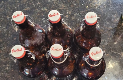 $12 • Buy Lot Of 6 Vintage Grolsch Beer Bottles Brown Glass Porcelain Flip Swing Top