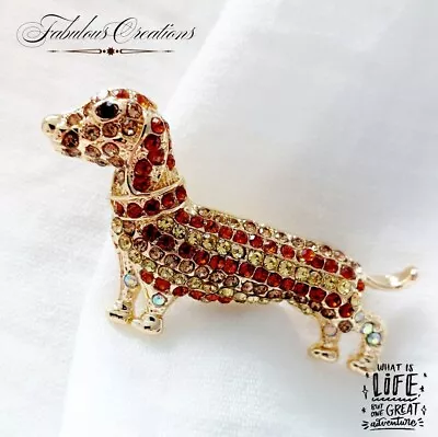 Small Crystal Sausage Dog Dachshund Brooch Vintage Deco Look Jewellery Gift • £6.39