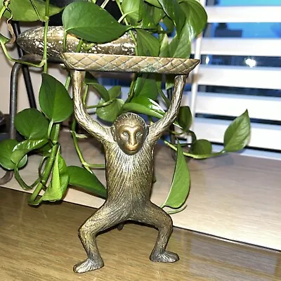 Vtg Brass Standing Butler Monkey Ring Trinket Soap Dish Business Card Holder 7  • $35