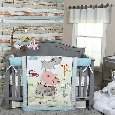 New Baby BOY GIRL GRAY GREEN FARM FRIENDS COW PIGGY COTTON 4pc Crib Bedding Set • $94.99