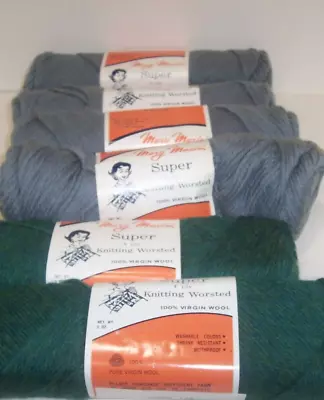 6 Vintage Mary Maxim Virgin Wool 4Ply Worsted 2.oz Skeins Gray & Green (Z25) • $25