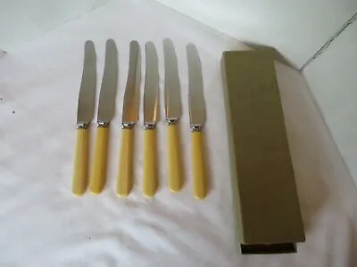 J Russell & Co Six Vintage Dinner Knifes W/ Blunt End Tan Ivortine Handles MIB • $14.99