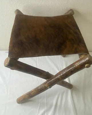 Leather Fur Hide & Wood Rustic Handmade Square Folding Chair Western Southwest • $74.99