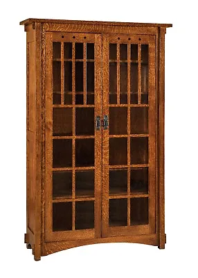 Amish Mission Arts And Crafts Bookcase Glass Doors Solid Wood Inlays 72  • $3450
