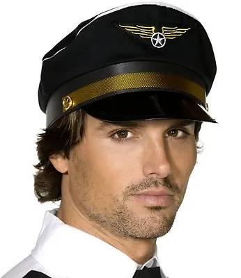 £7.25 • Buy Mens Fancy Dress Airline Pilot Hat Black Cap With Badge Stag Party New Smiffys