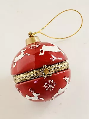 Reindeer Trinket Box Christmas Ornament Hanging Red Ceramic Metal Hinged Xmas • $15.99