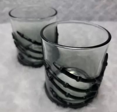 Set Of 2Halloween Gothic Skeleton Hand Wine Whiskey Glass Black Metal 8Ball • $26.10