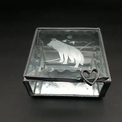 Vintage Wolf Leaded Jewelry Trinket Box W Etched Glass And Mirror Bottom  • $15