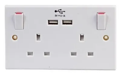 2 Gang Double Wall Switch Socket  2 USB Fast Charging Ports Switched Inlets Uk • £10.99