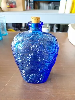 Cobalt Blue Glass Bottle With Cork Sea Shell Pattern 8.5”Tall FRee ShippING • $19.88