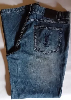 Vintage 90s Yves Saint Laurent Embroidered YSL Logo Blue Jeans 40W Button Fly • £59.75