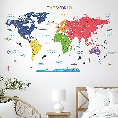 BASHOM BS-115 Colourful World Map Wall Sticker For Nursery Kids Bedroom Decor • £13.99