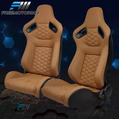 Adjustable Universal Racing Seat Honeycomb Brown PU Leather & Dual Slider X2 • $359.99