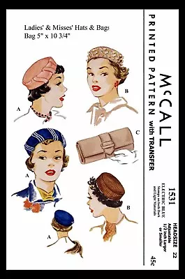 McCall # 1531 Pillbox Hat & Bag Clutch Fabric Sewing Pattern Caps Chapeau Chemo  • $5.49