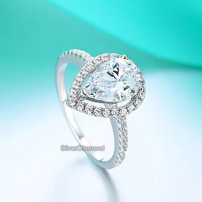 Fine 925 Sterling Silver 2 Carat Pear Cut Engagement Ring Simulated Diamond • $34.99