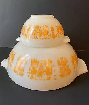 VINTAGE PYREX Orange  BUTTERPRINT  Cinderella Nesting Bowls #441 & #444 • $222.50