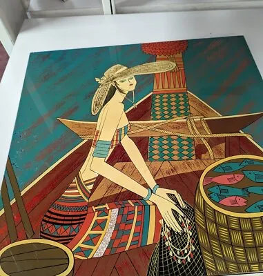Vintage Beautiful Vietnamese Lacquer Painting Women Fish And Full Of Colors • $350
