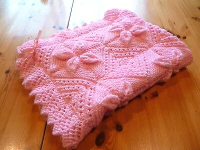 Lovely Hand Knitted Baby Cot Or Pram Blanket In Baby Pink Wool Brand New  • £21