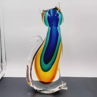 Sculpture Cat Murano Style Art Glass 11 In Tall Sleek Multi Colored Modern • $75