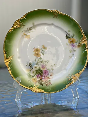 Antique C.T. Germany Carl Tielsch Altwasser Green  Plate Gilt Gold Trim Floral. • $16.99