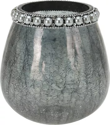 Grey Crackled Glass Vase Pearl Rim Decorative Ornament Charcoal Tea Light Holder • £14.99