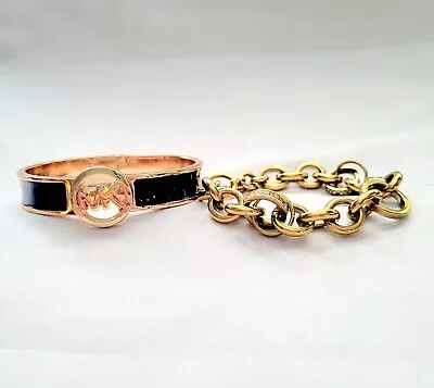 2 Michael Kors Lot Rose Gold Black Enamel Bangle Yellow Gold Crystal Bracelet • $54.99