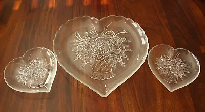 Mikasa Endearment Embossed Flower Basket Frosted Crystal Heart Shaped Platters • $39.99