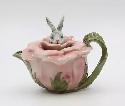 Fine Porcelain Victorian Rose Bunny Rabbit Teapot 6-7/8  L • $58.12