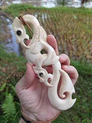 Maori Pendant Huge Double Manaia Hand Carved Bone Abalone New Zealand  • $100