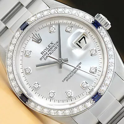 Mens Rolex Datejust Silver 18k White Gold Sapphire Diamond Stainless Steel Watch • $5499