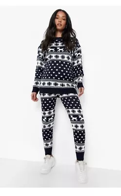 Maternity Fairisle Navy Knitted Christmas Co - Ord Cosy Pyjama Lounge Set UK 12 • £24.99