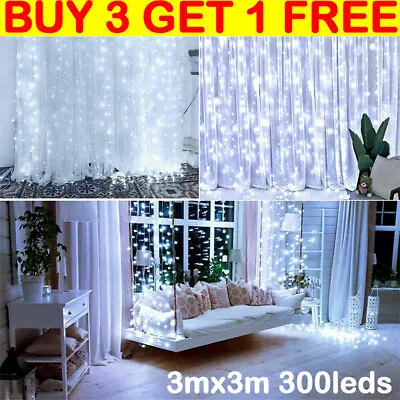 £8.99 • Buy 300 LED Curtain Fairy Lights String Indoor/Outdoor Backdrop Wedding Party White