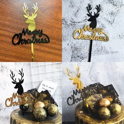 Acrylic Cake Topper Merry Christmas Rain Deer Black And Gold Cake Decoration • £3.39