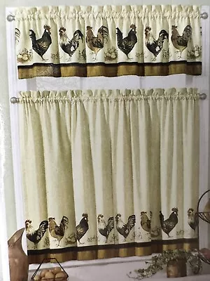 New Rod Pocket Curtains Set 2 Tiers & Valance 60  County Kitchen ROOSTERS & EGGS • $25