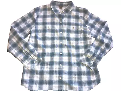 Eddie Bauer Plaid Shirt Womens L Blue White Mountain 2.0 Adventurer Roll Tab NEW • $17.99