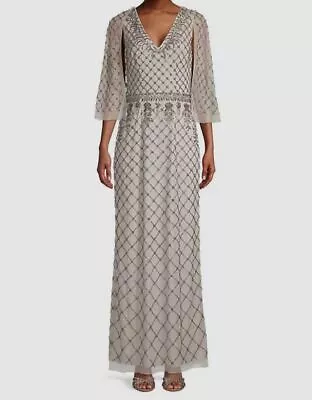 $695 Aidan By Aidan Mattox Women's Gray Beaded Cape-Sleeve Dress Size 14 • $222.78