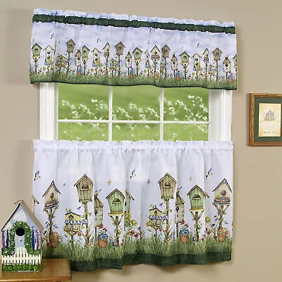 3PC Floral Window Kitchen Curtain Set Love Birds Birdhouse Tier Panel & Valance • $27.99