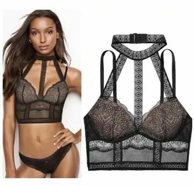 Victoria's Secret Very Sexy Fishnet Lace Halter Long Line Plunge Bra 34D Black • £24.12