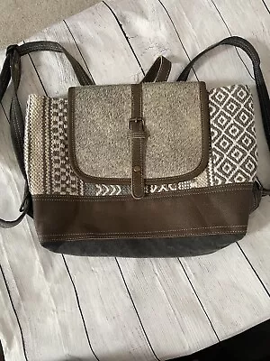 Myra Backpack Bag. Myra UpCycled Canvas Rug Hairon Leather Backpack Purse NWT • $77.09