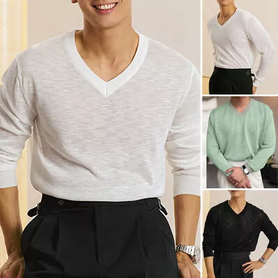 INCERUN Mens V Neck Long Sleeve Sweater Shirt Casual Loose Thin Pullover Tops • $20.89