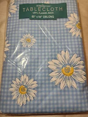 HomeTrends Vinyl Flannel Back 60 X 84  Oblong Tablecloth Blue Gingham Daisies   • $12