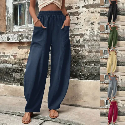 Womens Cotton Linen Pockets Harem Pants Summer Baggy Loose Wide Leg Trousers UK • £11.29