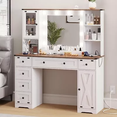 Farmhouse Makeup Vanity Desk With Mirror And Lights Large Vanity Table (White) • $239.97