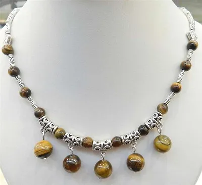 £4.79 • Buy Lovely Natural Tiger's Eye Round Beads Pendants & Tibet Silver Necklace 18 