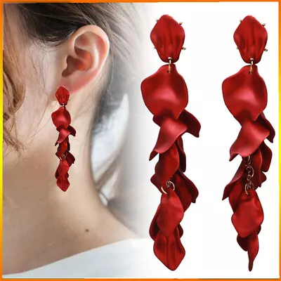 Women Pendant Earrings Long Fringe Rose Petal Dangle Drop Tassel Earrings • £5.80